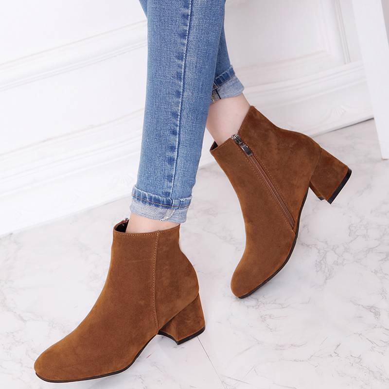 womens solid color block heeled ankle boots side zipper short boots womens footwear details 1